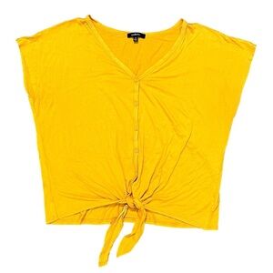 Ambiance Golden Yellow Short Sleeve V-Neck Tie Front Button Up Top Size 1X